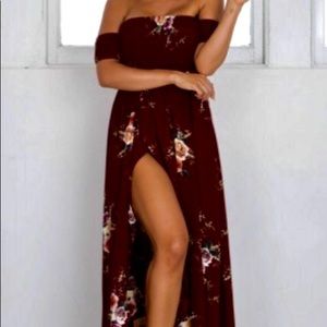 Showpo off shoulder wine floral maxi dress